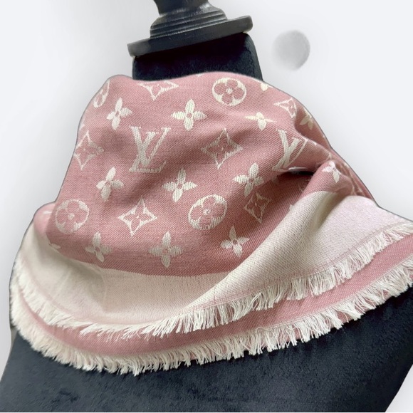 Auth Louis Vuitton Monogram Shine Rose Pink Ivory Shawl LV Wrap Stole Scarf - Picture 3 of 15